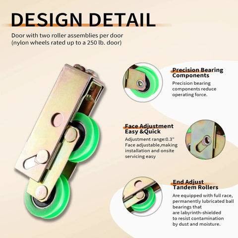 Image showing End Adjust Tandem Patio Door Rollers with steel carrier, green nylon wheels, and precision bearing components.