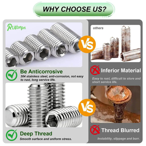Promotional image comparing 304 Stainless Steel Metric Set Screw Kit with inferior materials, highlighting corrosion resistance and deep thread features.