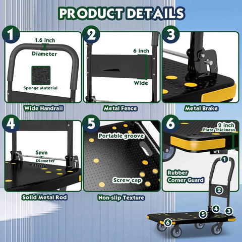 Product details of Foldable Platform Cart With 1323 Pound Capacity Four Wheel System Two Swivel And Two Fixed Wheels