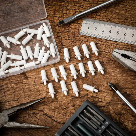 100 Pack Spring Loaded Shutter Repair Pins For Plantation Shutters Replacement Window Tools on a table with pliers and screws