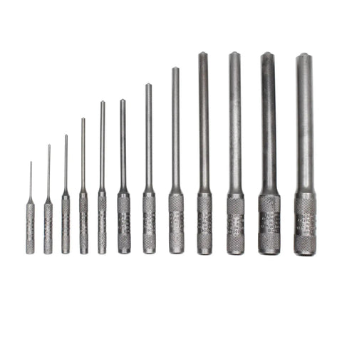 Pilot Punch 12 Piece Set In A Kit Bag With Black Oxide Finish For Driving And Removing Roll Pins Made In USA, laid out in order.