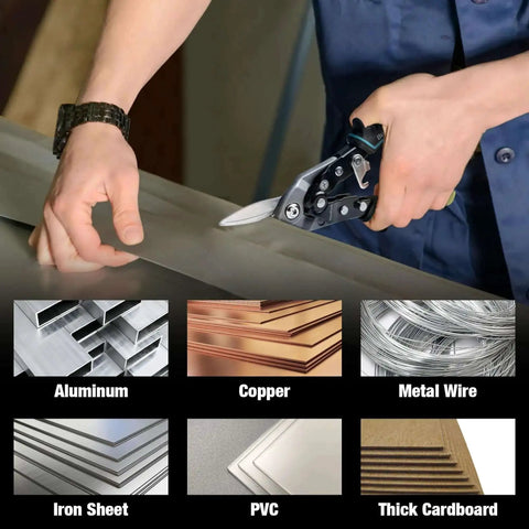 Person using 3 Piece Aviation Snips Set With 10 Inch Left Cut Straight Cut And Right Cut Tin Snips For Cutting Metal Sheets; materials shown.