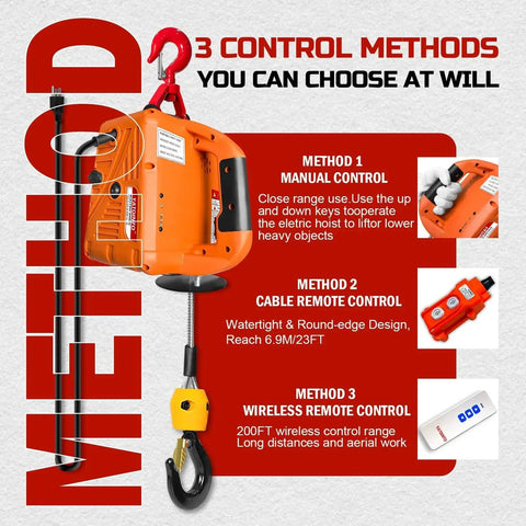 3 In 1 Portable Winch 1100 Lbs 1500W With Manual Wireless And Wired Remote displayed with control methods