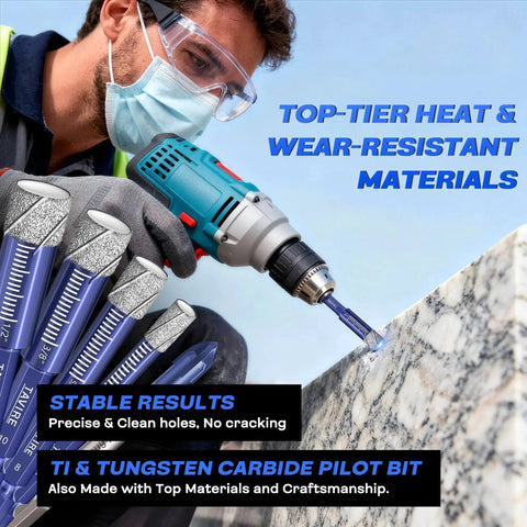 Person using power drill with Pro Grade Dry Diamond Drill Bit Set For Porcelain Tile Glass Ceramic Stone And Concrete
