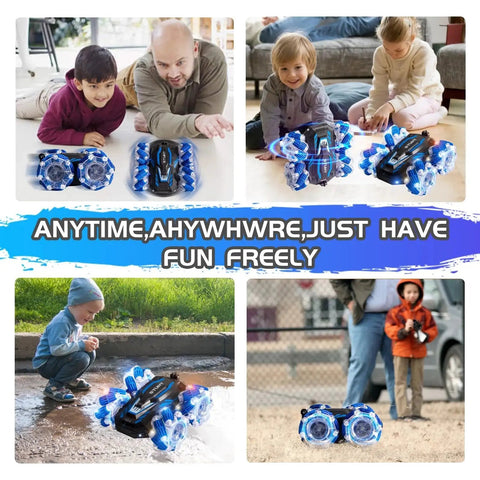 Children playing indoors and outdoors with Gesture Sensing 4WD RC Stunt Car With 360 Degree Double Sided Flips Bright Lights And Music.