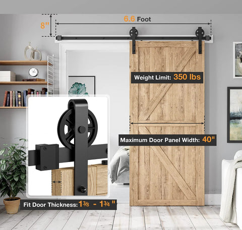 6.6 Foot Heavy Duty Sliding Barn Door Hardware Kit With Industrial Big Wheel J Hangers For Wood Doors Fits Doors 1 3 8 To 1 3 4 Inch Thick And 40 Inch Wide Panels Black Finish Pro Grade For Home Garage Barn And Farmhouse DIY Projects