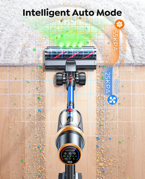Amazon cordless vacuum cleaner, blue stick vacuum with motorized floor head and self-standing design.