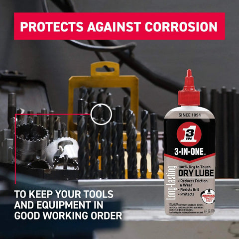 Dry Lube Drip Oil For Tools And Gear, 4 Oz, 100 Percent Dry To Touch, Reduces Wear And Friction, displayed near metal tools