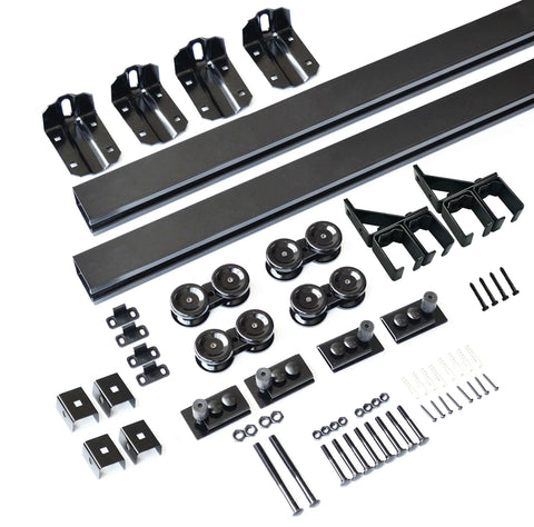 Six Foot Heavy Duty Bypass Barn Door Hardware Kit For Exterior Doors, Black Box Track Sliding System, installation components visible.