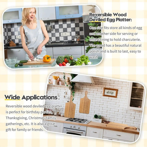 Woman preparing food on reversible wood deviled egg platter in kitchen, wider view shows cutting boards in cozy kitchen setting.