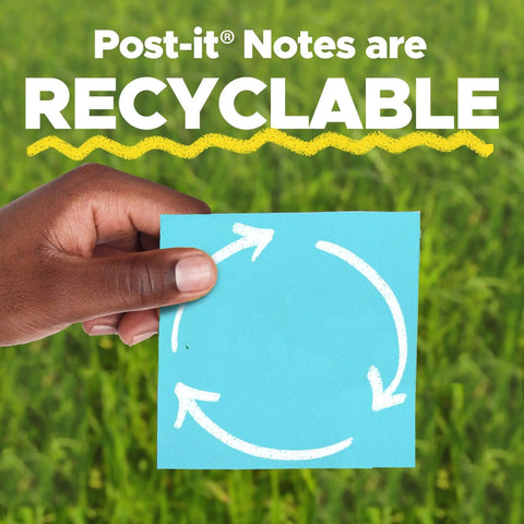 Hand holding blue sticky note with recycling symbol and text 'Post-it Notes are Recyclable' against grassy background.