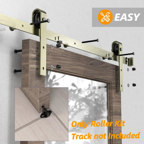 Brushed Gold Barn Door Hardware Kit For Interior Doors Heavy-Duty Carbon Steel Sliding Roller Set installed