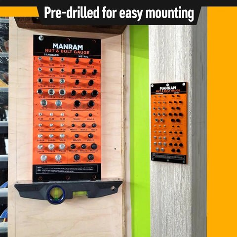 All Metal Wall Mount Nut And Bolt Thread Checker Gauge For Standard And Metric Sizes That Identifies Thread Types Quickly And Accurately For Easy Sizing A Durable And Reliable Tool For Home Shops Garages And Industrial Use Manram displayed on a wall