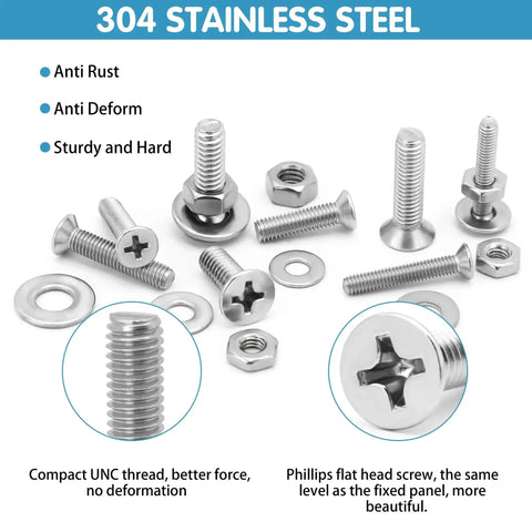 720 Piece Stainless Steel Nuts And Bolts Assortment Kit With 16 SAE Sizes, including screws, nuts, washers on display.