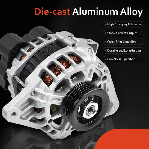 Plug And Play Alternator Replacement For Hyundai Elantra 2007 To 2012 2.0L L4, Kia Soul 2010 To 2011 2.0L, Spectra 2007 To 2009 2.0L L4, Spectra5 2007 To 2009 2.0L L4, OE Style 11311N 2655635 3730023650 Compatible, close-up view showing die-cast aluminum alloy and technical features.
