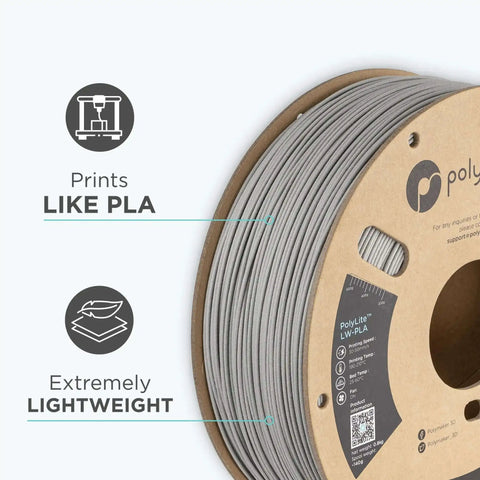 Lightweight Grey PLA Filament 1.75mm 0.8kg spool for 3D Printing, PolyLite Low Density PLA, no foaming, compatible with FDM printers