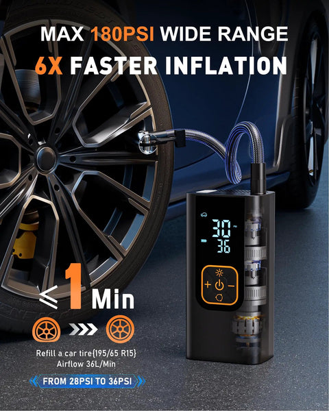 Portable Tire Inflator With 180 PSI Digital Gauge For Cars, Motorcycles, Bikes, And Balls, 12V DC Power, LED Light, Fast 6X Inflation, Compact Air Compressor next to a tire, showing digital gauge and nozzle.