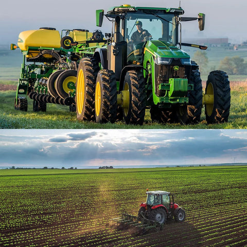 Tractor farm scene: green John Deere tractor with yellow wheels in front panel and red tractor cultivating the field.