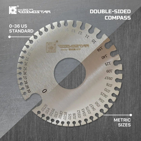 Precision Welding Gauge Set For Dead On Wire And Sheet Thickness 25 To 3000 Um Wet Film Comb And Dual Sided Round Wire Cable Gauge Stainless Steel Two Pack By Cosmostar, showing dual-sided compass with metric and US standard measurements.