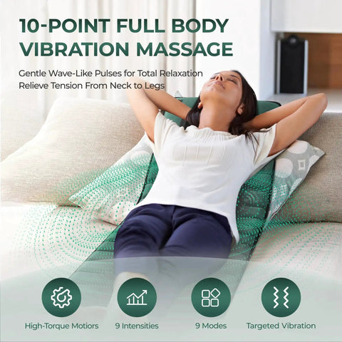 Woman using Ultimate Full Body Massage Mat With Heat And Detachable Neck Massager For Deep Tissue Relief From 10 Vibrating Motors.