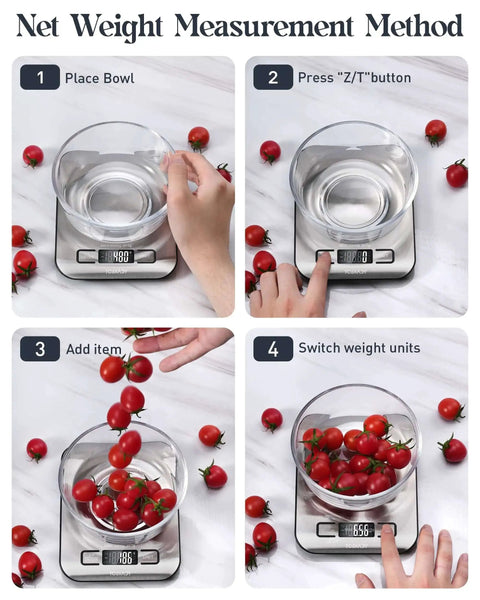 Steps showing net weight method using All In One 11 Pound Digital Kitchen Scale With Six Unit Modes G Kg Lb Oz Ml Milk Ml And Tare Function.