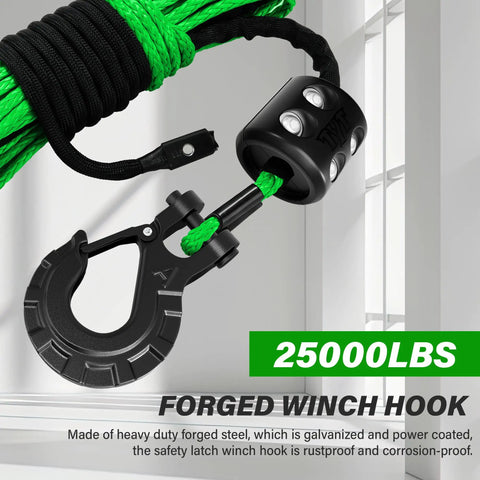 Close-up of the Synthetic Winch Rope Kit For ATV UTV And Off Road Vehicles One Quarter Inch By Fifty Foot 10000 Lbs with heavy-duty forged hook.
