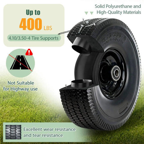 Flat Free 4.10/3.50-4 Tire And Wheel Set, Heavy Duty, 10 Inch Solid Wheel With 2.2 Inch Offset Hub, 5/8 Inch Axle Bore, Black