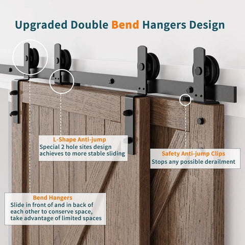 Sliding Barn Door Rail Hardware Kit For Double Doors Monorail System Tough Heavy Duty Track With Quiet Bearings Smooth And Silent Operation, Easy To Install, No Door Included, Black Powder Coated 6mm Carbon Steel Ceiling Mount Ready with close-up of rail system and door hangers.