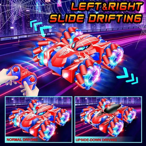 Kids 2.4GHz Rechargeable RC Car With 360 Degree Rotating Dual Side Driving 4WD Stunt Vehicle featuring cool lights and remote control.