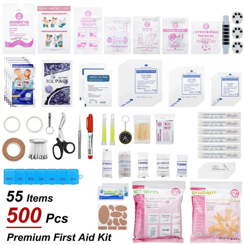 Ultra Comprehensive 500 Piece Emergency First Aid Kit with organized medical supplies, scissors, bandages, and antiseptic wipes