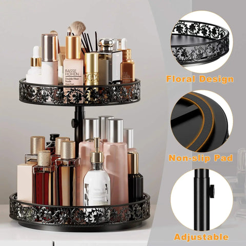 Height Adjustable Two Tier Lazy Susan Turntable For Cabinet And Countertop, 12 Inch Metal Spice Rack Organizer Rotating Shelf With Easy Assembly, Black, Maximizes Space On Kitchen Counter, Dining Table, Or Pantry with floral design and beauty products displayed.