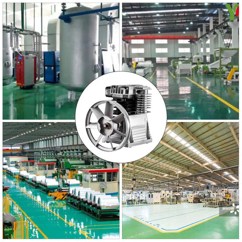 Beefy 3HP Industrial Air Compressor With 11 CFM Output, 1300 RPM, twin cylinder, single stage, in large factory setting