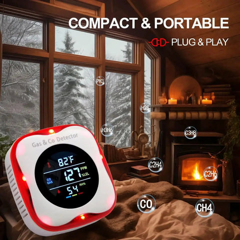 Must-Have Plug-In 4-In-1 Carbon Monoxide And Combustible Gas Detector With Temp And Humidity Sensor in a cozy room setting