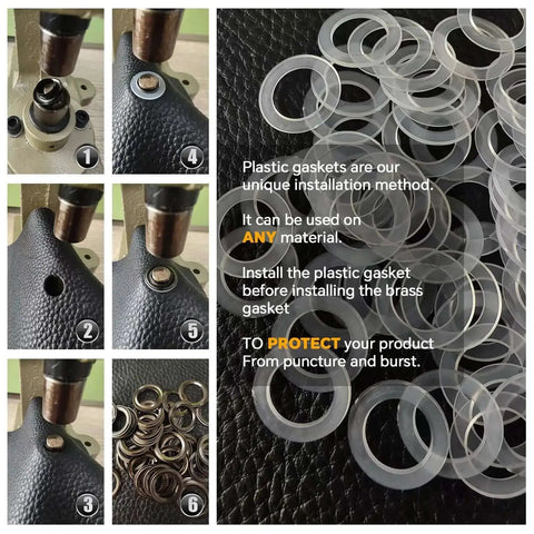 Upgraded Heavy Duty Hand Press Grommet Kit with plastic gaskets for installation, showing step-by-step process and protective method.