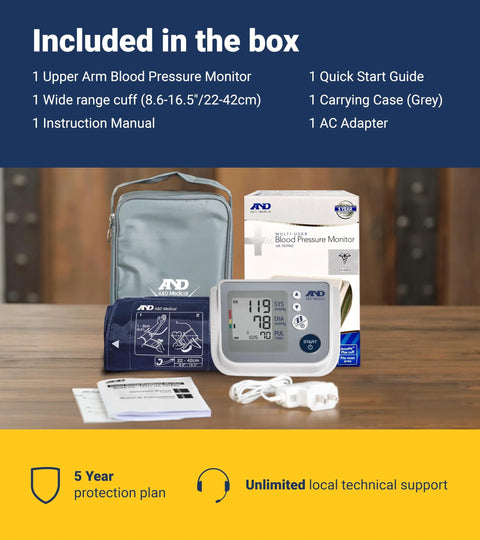 A&D Medical UA-767FAC blood pressure monitor with wide 22–42 cm cuff, carrying case, AC adapter.