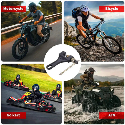 Chain Breaker Tool 420 428 520 525 528 530 For Dirt Bike ATV Quad Go Kart Scooter Motorcycle Bicycle shown with vehicles
