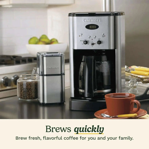 12 Cup Brew Central Coffee Maker With Fully Auto Programmable Settings, 24 Hour Delay Brew, Auto Off, 1 To 4 Cup Options shown on kitchen counter next to coffee grinder and cup