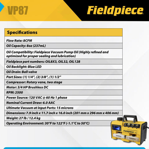 Fieldpiece VP87 vacuum pump, yellow portable HVAC tool with 8 CFM flow, ¾ HP DC motor, RunQuick oil change system