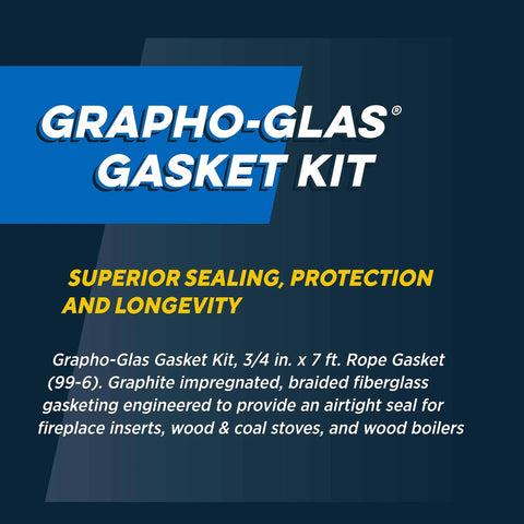 Grapho-Glas gasket kit packaging for wood stoves; 3/4 in x 7 ft rope gasket, graphite-impregnated, black
