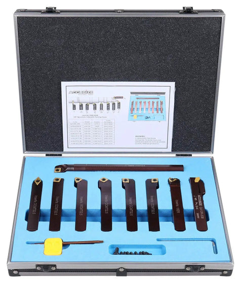 Five Eighth Inch Indexable Turning And Boring Tool Set With TiN Coated C6 Carbide Inserts For Steel And Cast Iron Built To Last Positive Rake Chipbreaker Design To Cut Fewer Chips And Lower Cutting Forces 9 Piece Kit 29880058 Accusize Industrial Tools in an open blue case showcasing tool holders and inserts.
