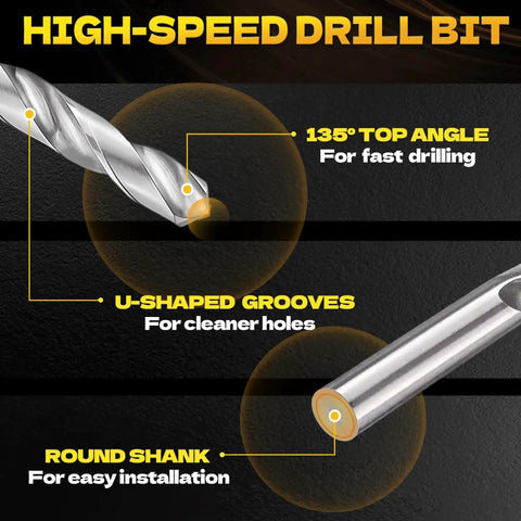 Close-up of high-speed drill bit from 322-Piece Pro Grade Helicoil Thread Repair Kit With Metric M5 To M12 And SAE One Quarter To One Half Inch Thread Restorers HSS Drill Bits Taps Thread Inserts Break Off Tools And Complete Automotive Repair Set with 135° top angle, U-shaped grooves, round shank.