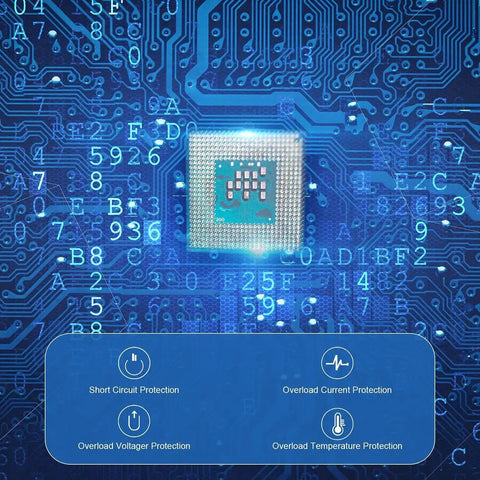Close-up of a microchip on a blue electronic circuit board with protection icons and numbers, highlighting technological features.
