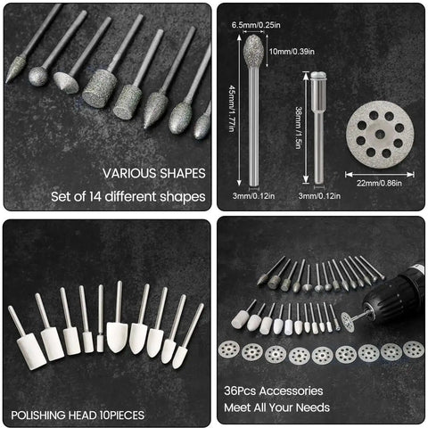 Pro Grade Diamond Burr Set For Rotary Tool Grinding And Engraving, 36 Piece Diamond Mounted Bits With Various Shapes And Sizes