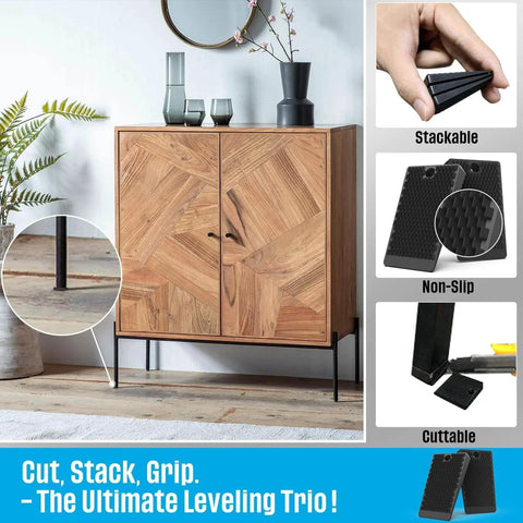 Non Slip Rubber Furniture Levelers Shims, 32 Piece Jar, 2 Inch Cuttable and Stackable Wedges showcased with cabinet for leveling
