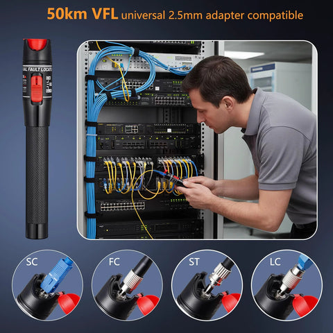Trileria visual fault locator tool with 50 km range and 2.5mm adapters for SC/FC/ST/LC fiber connectors