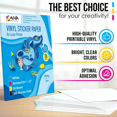 Printable Vinyl Sticker Paper For Laser Printers Glossy White 30 Self Adhesive Sheets Waterproof Decal Paper 8.5 By 11 Standard Letter Size Compatible With High Resolution Images packaging box displayed on a table with sheets.