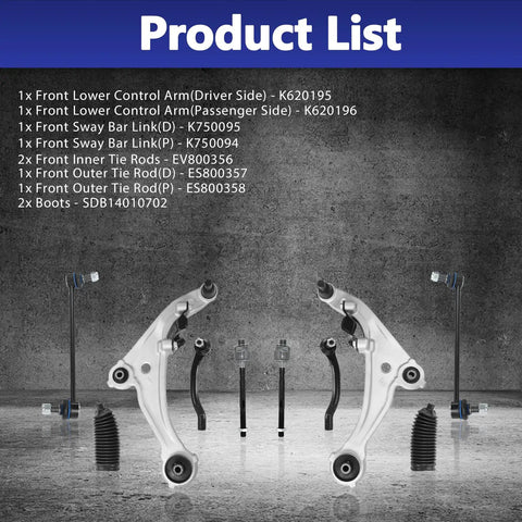 HAWK BROTHER 10‑pc front suspension kit for Altima; silver front lower control arms, tie rods, sway bar links, boots