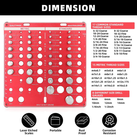 Pro Grade Nut And Bolt Thread Checker Gauge Kit with 42 Size Guide for Fasteners, machined aluminum, metric and standard sizes visible