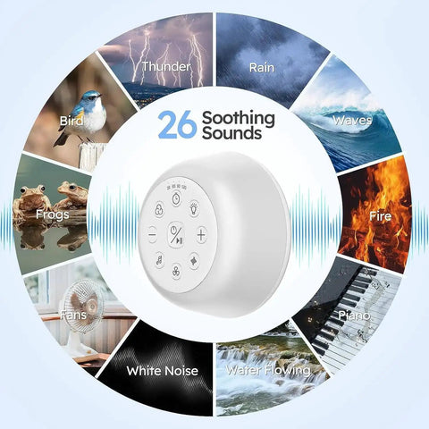 Image of All Night White Noise Machine with 26 soothing sound options including thunder, rain, waves, and bird sounds.