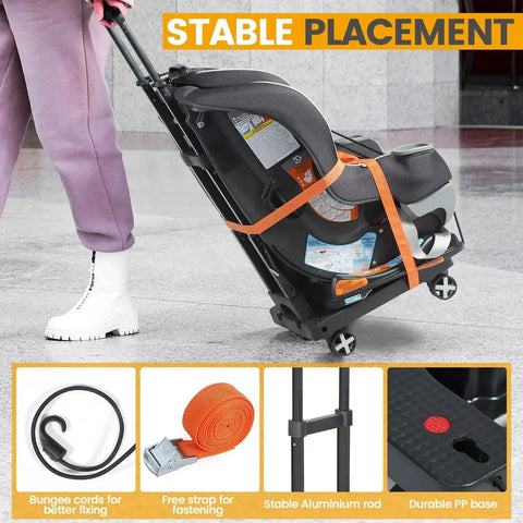 Person using Folding Car Seat Travel Cart With Four Wheels And Adjustable Handle For Airport Mobility and Easy Gear Toting Car Seat Roller for Airplane Travel With Straps Compact Luggage Hand Trolley Black, demonstrating stability and features including straps and bungee cords.